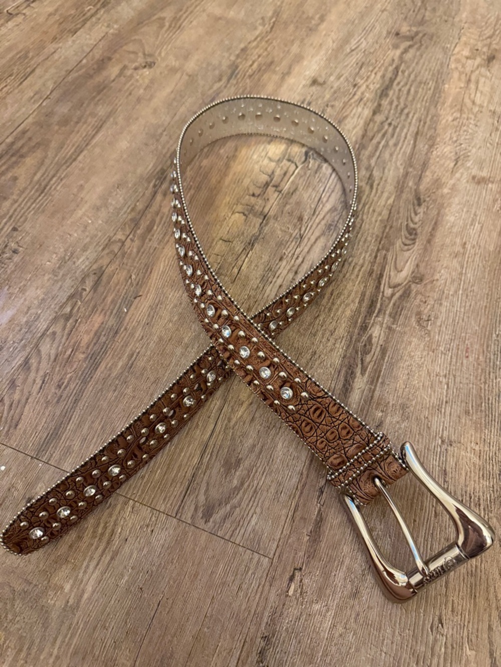 Guess Brown Studded Leather Belt with Silver Buckle